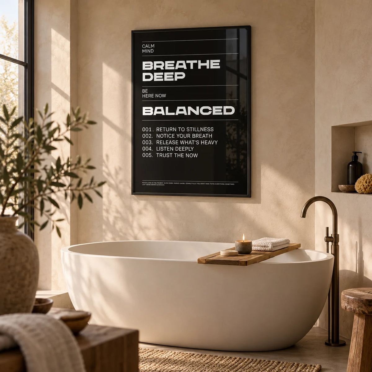 Phrases for Wall Art, framed on the wall of a calm spa bathroom with warm beige microcement walls