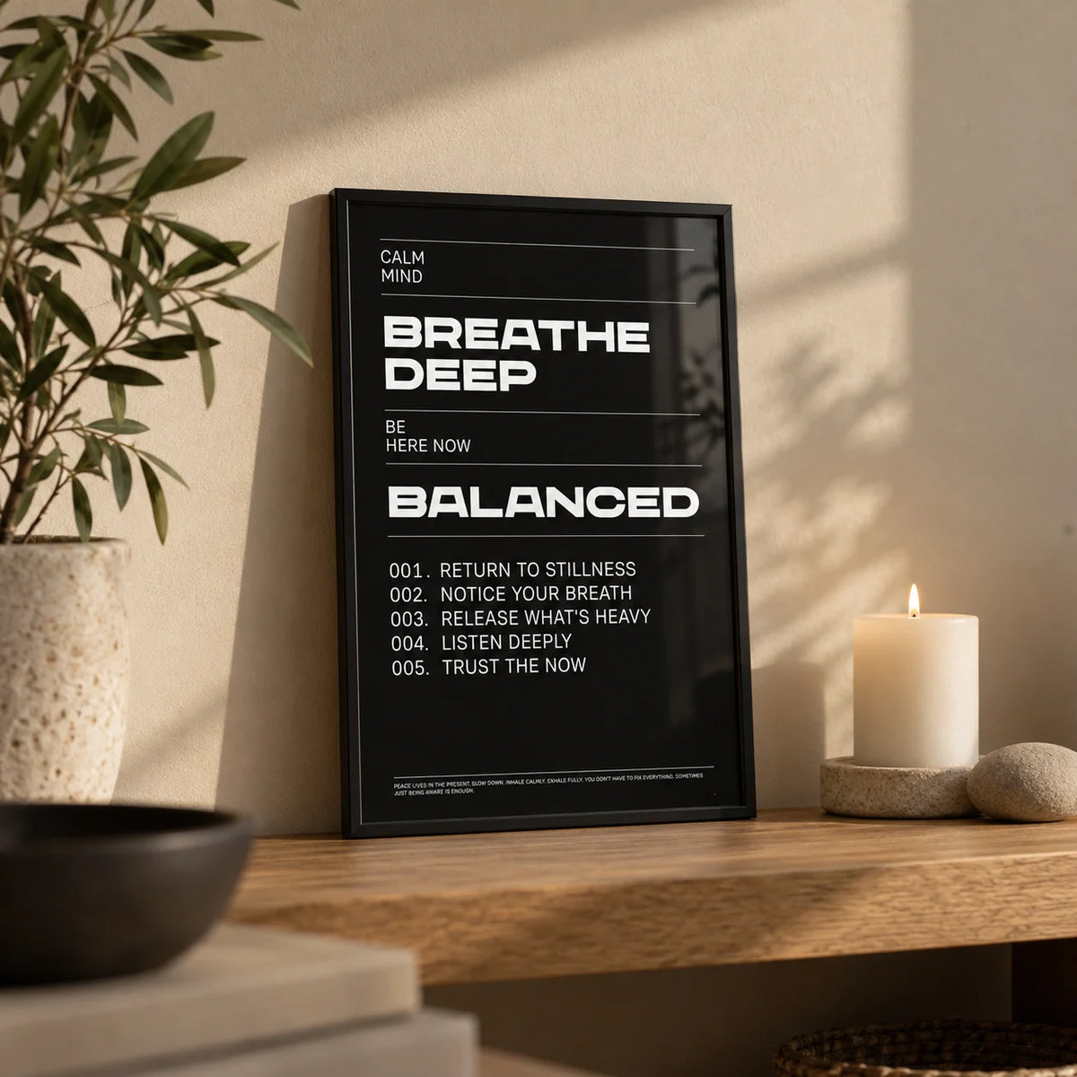Phrases for Wall Art, a small A4 framed print leaning on an oak shelf in a living room