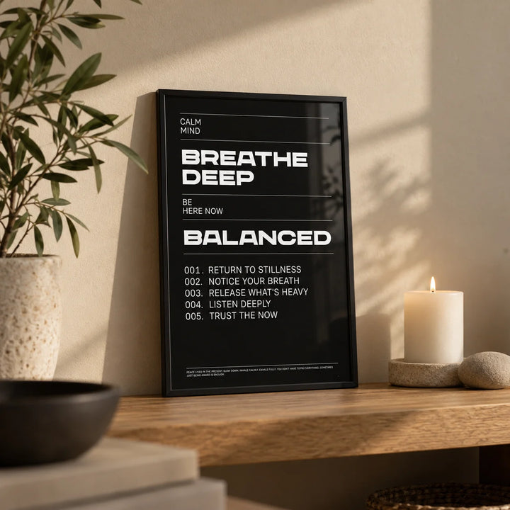 Phrases for Wall Art, a small A4 framed print leaning on an oak shelf in a living room