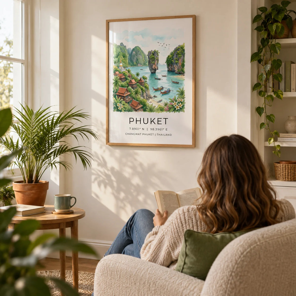 Phuket Art Print, framed on the wall of a bright reading corner in a UK flat with a warm white wall and an alcove bookshelf in a living room