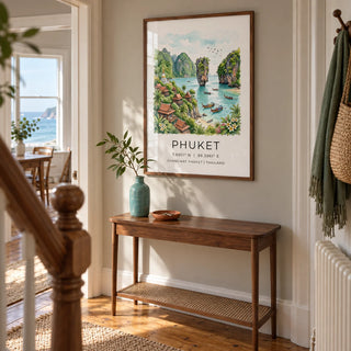 Phuket Art Print, framed on the wall of a characterful hallway in a UK seaside terrace with pale warm grey walls and honey-coloured floorboards