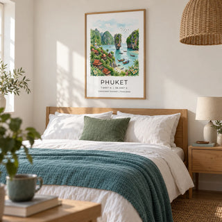 Phuket Art Print, framed on the wall of a restful bedroom for a travel-loving couple (30-50) in a UK home with a chalky white wall and light oak furniture
