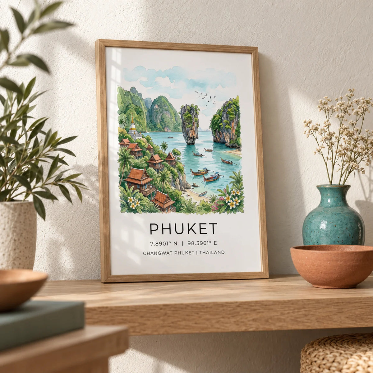 Phuket Art Print, a small A4 framed print leaning on a pale oak shelf in a living room
