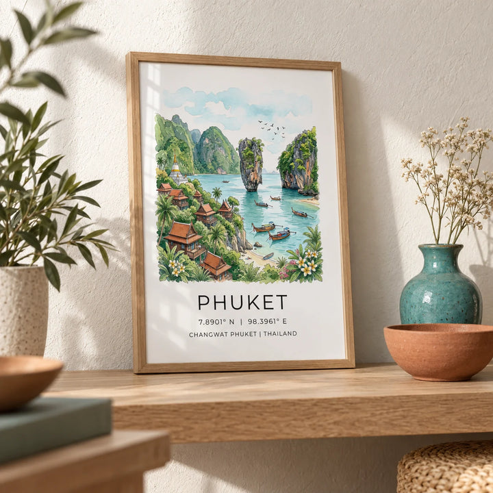 Phuket Art Print, a small A4 framed print leaning on a pale oak shelf in a living room