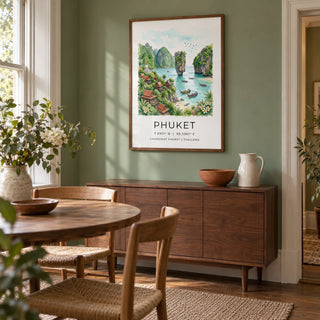Phuket Art Print, framed on the wall of a welcoming dining room in a Victorian terrace with muted green walls and simple timber furniture