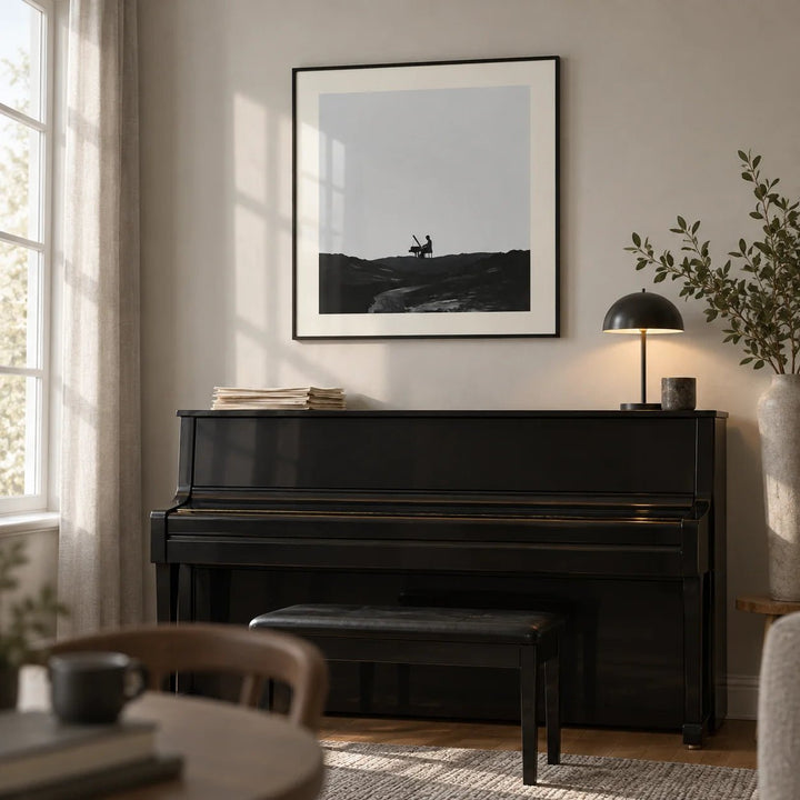Piano Abstract Art, framed on the wall of a calm music room