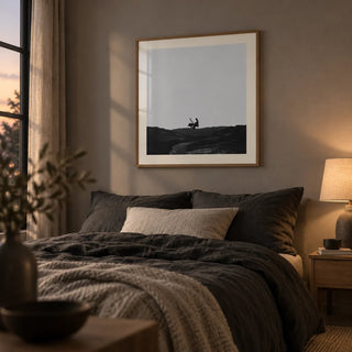 Piano Abstract Art, framed on the wall of a moody bedroom with a warm grey wall