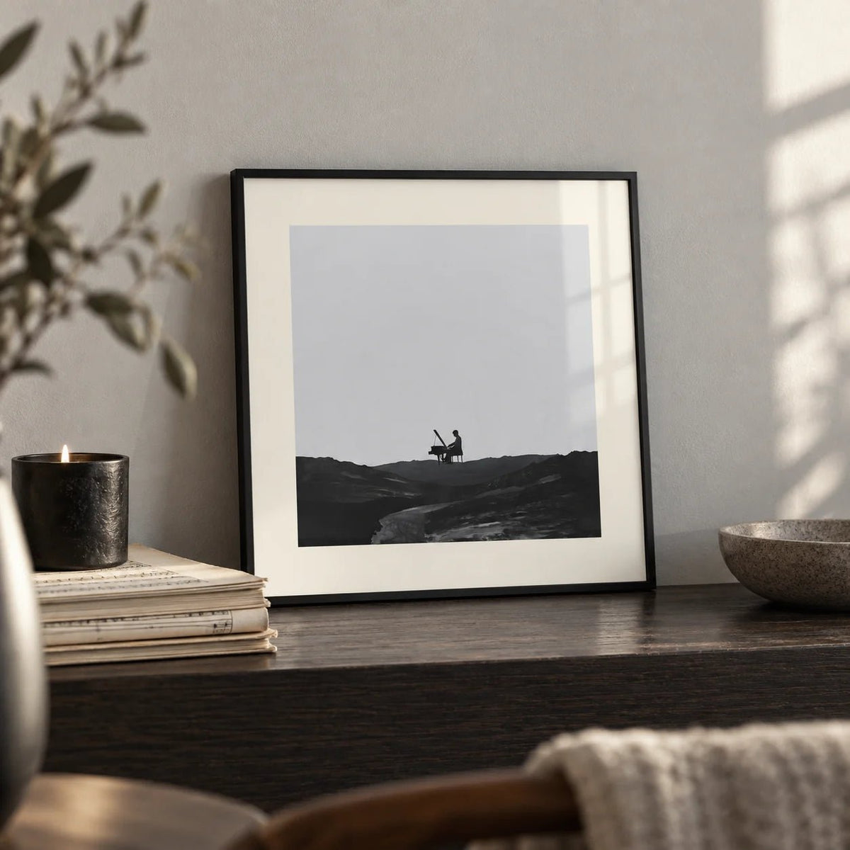 Piano Abstract Art, a small A4 framed print leaning on a dark wood shelf in a living room