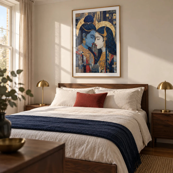 Pic Of Shiva And Parvati Wall Art, framed on the wall of a restful adult bedroom in a UK townhouse with an ivory wall and dark wood furniture