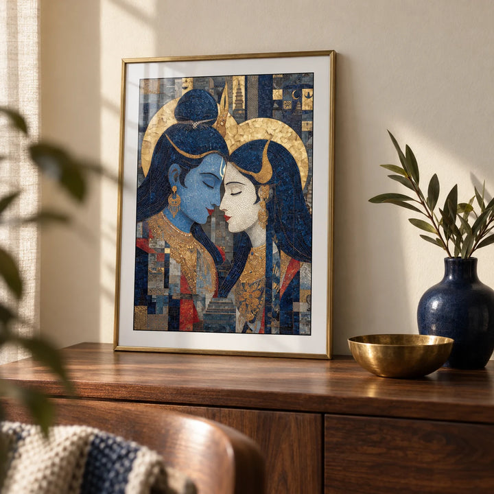Pic Of Shiva And Parvati Wall Art, a small A4 framed print leaning on a walnut sideboard in a living room