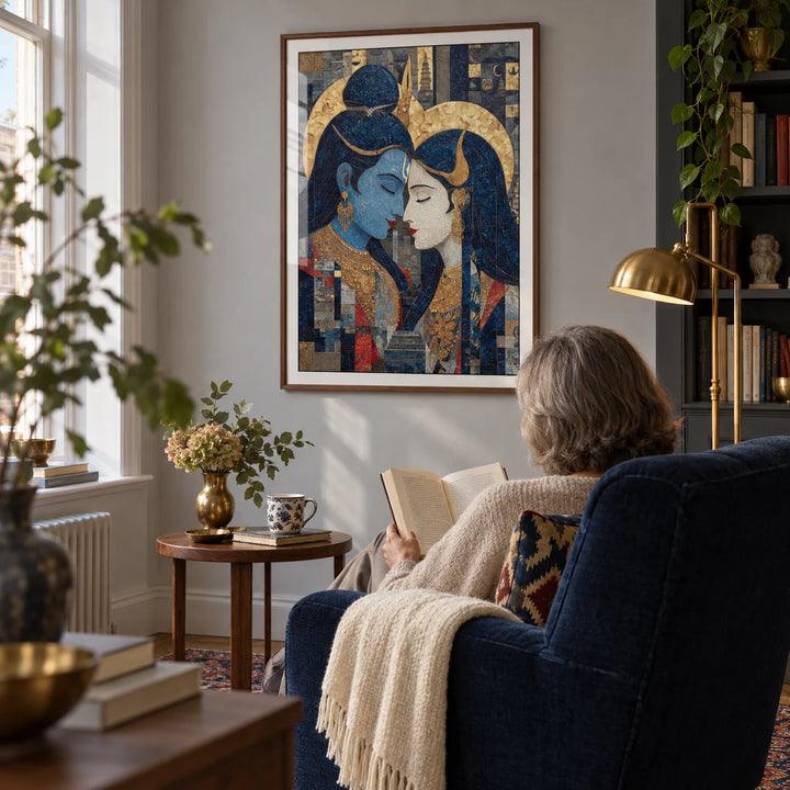 Pic Of Shiva And Parvati Wall Art, framed on the wall of a warm reading corner in a mature couple's British flat with pale grey plaster walls in a living room