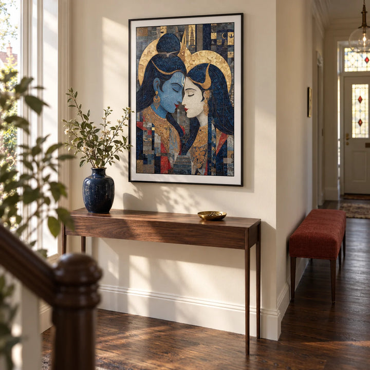 Pic Of Shiva And Parvati Wall Art, framed on the wall of a welcoming hallway in a renovated British semi-detached home with warm ivory walls and a dark timber floor