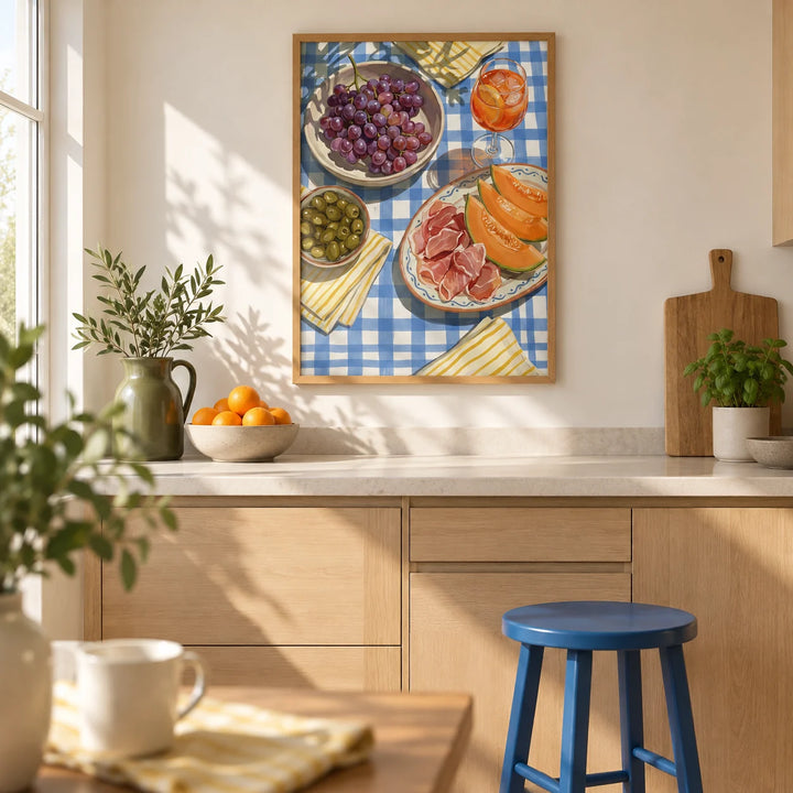 Picnic Decor Wall Art, framed on the wall of a bright contemporary kitchen in a UK terraced house with warm white walls