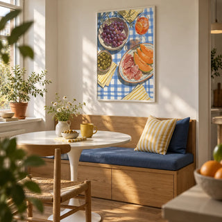 Picnic Decor Wall Art, framed on the wall of a compact breakfast nook in a first flat for a couple aged 25-35 in a kitchen