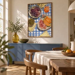 Picnic Decor Wall Art, framed on the wall of a relaxed modern dining room with chalky cream walls and an oak floor