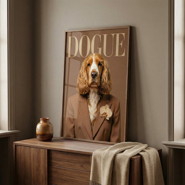 Framed picture of a dog in a suit with 'DOGUE' text on a wall above a wooden cabinet.