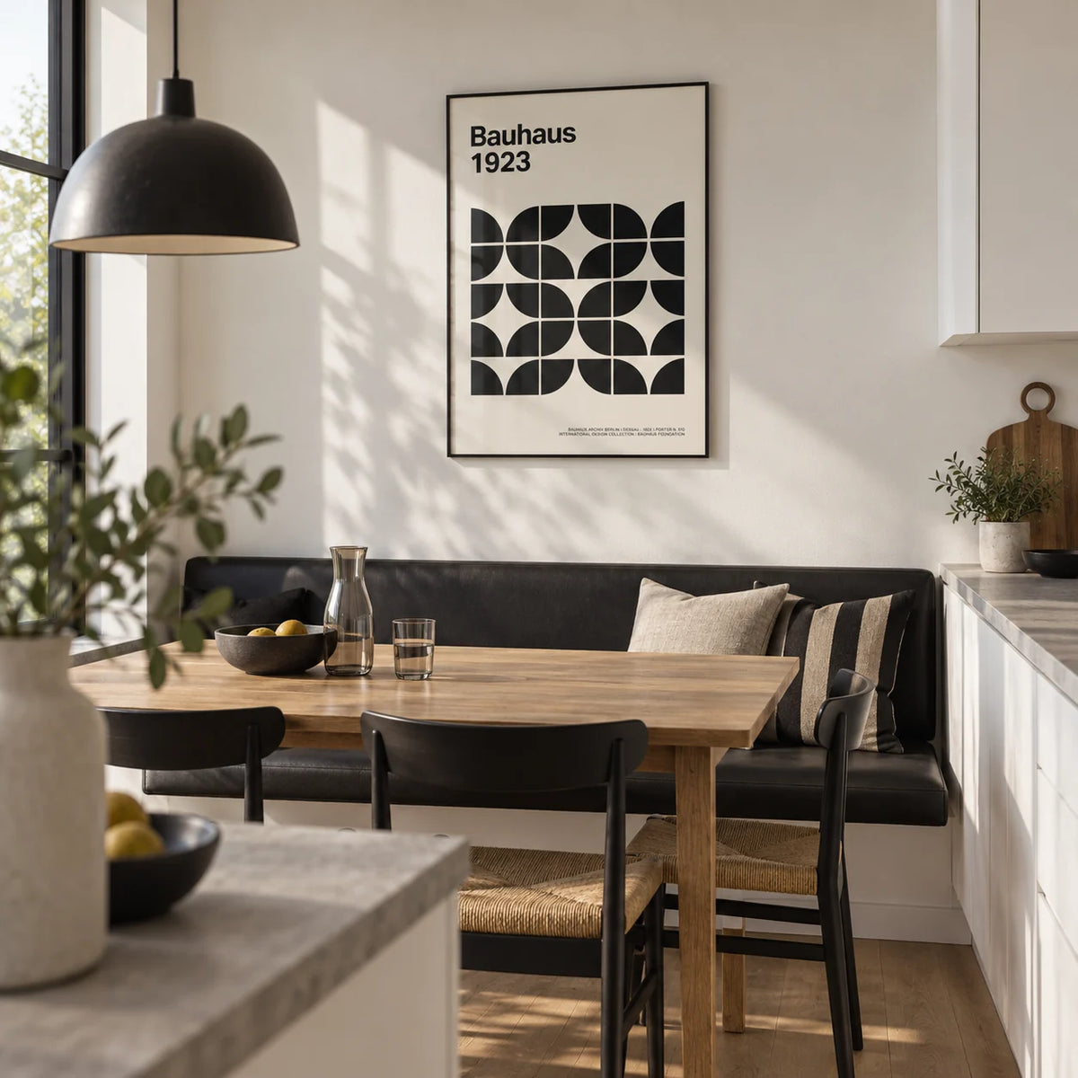 Pictures for Home Office, framed on the wall of a modern kitchen-diner with white units