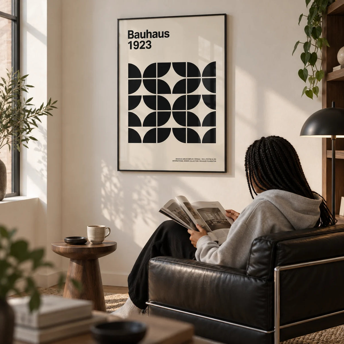 Pictures for Home Office, framed on the wall of a modern reading corner with a warm white wall in a living room
