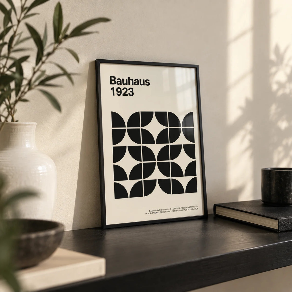 Pictures for Home Office, a small A4 framed print leaning on a black shelf in a living room