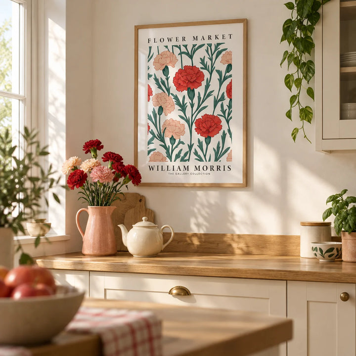 Pictures for Living Room, framed on the wall of a bright kitchen with plain cream cabinets and an oak worktop