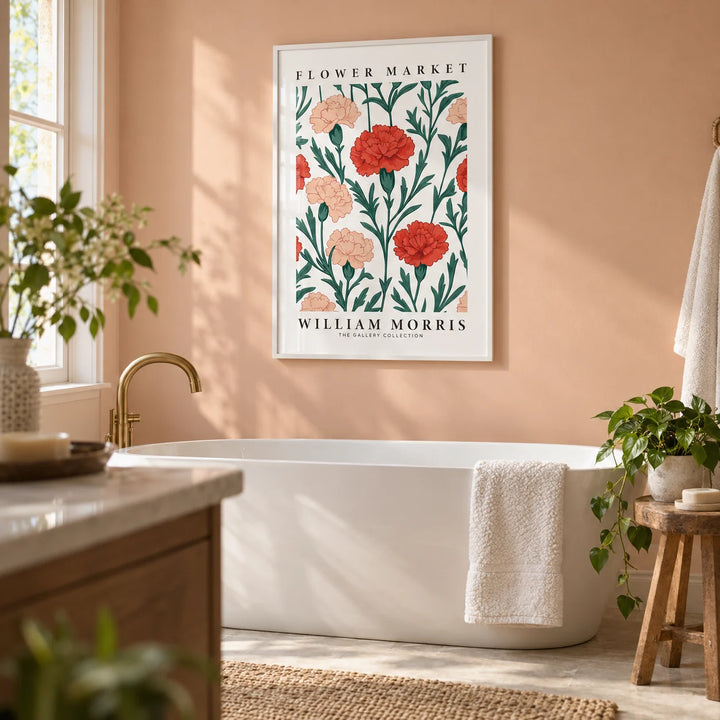 Pictures for Living Room, framed on the wall of a calm bathroom with a soft peach painted wall