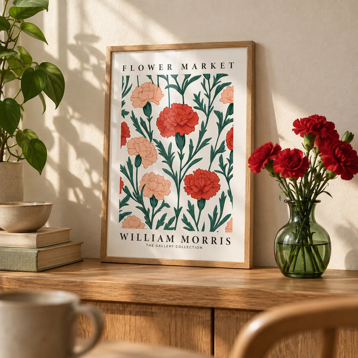 Pictures for Living Room, a small A4 framed print leaning on an oak shelf