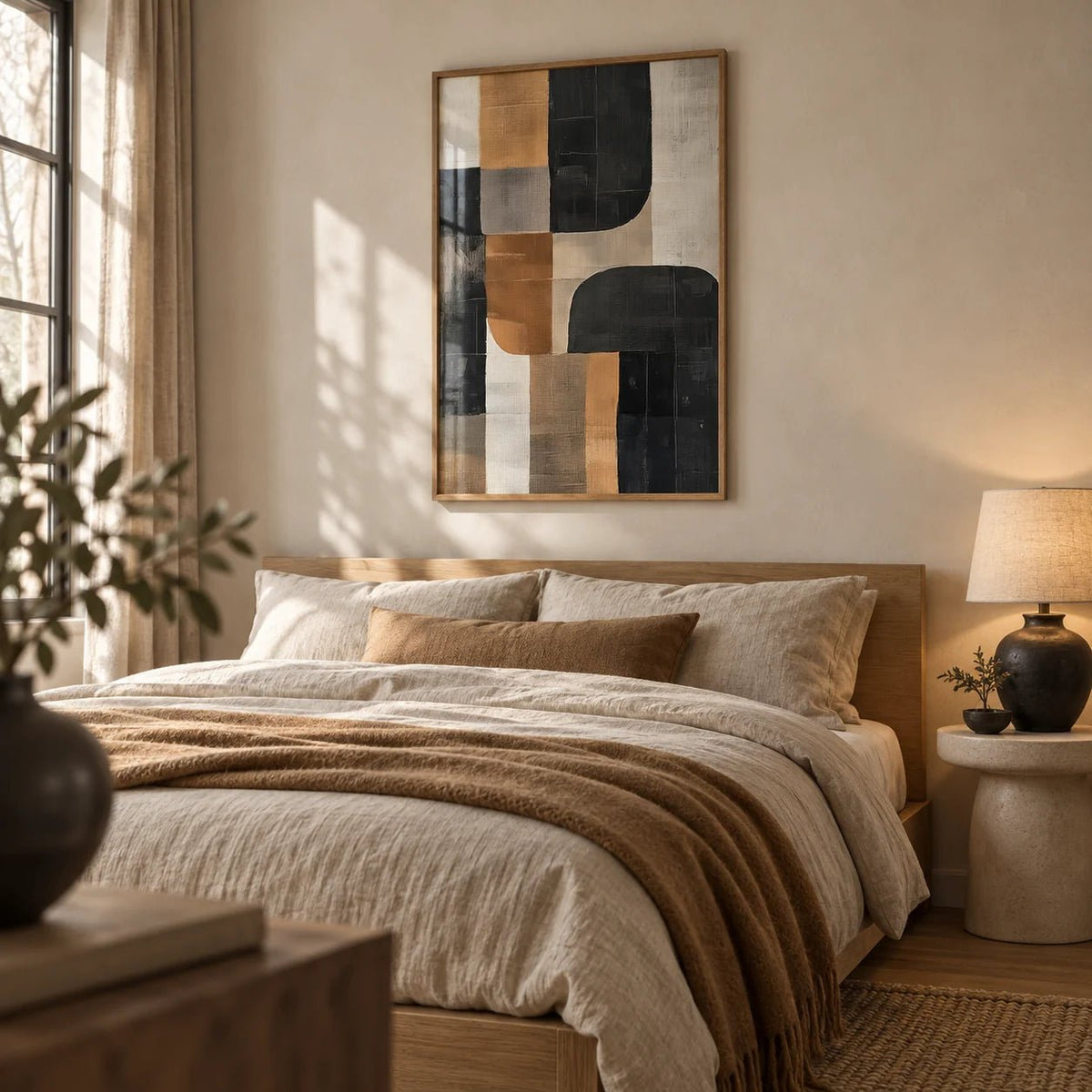 Pictures for Living Room Wall, framed on the wall of a calm earthy bedroom