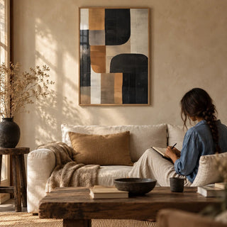 Pictures for Living Room Wall, framed on the wall of a wabi-sabi living room with a warm limewashed wall
