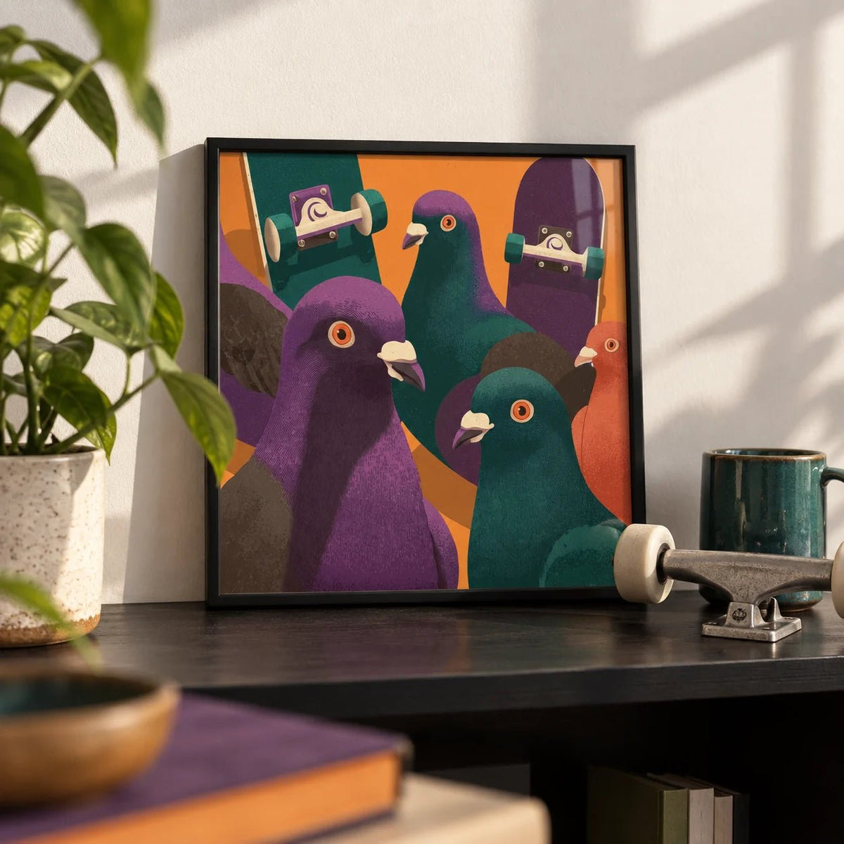 Pigeon Skateboard Art, a small A4 framed print leaning on a black shelf in a living room