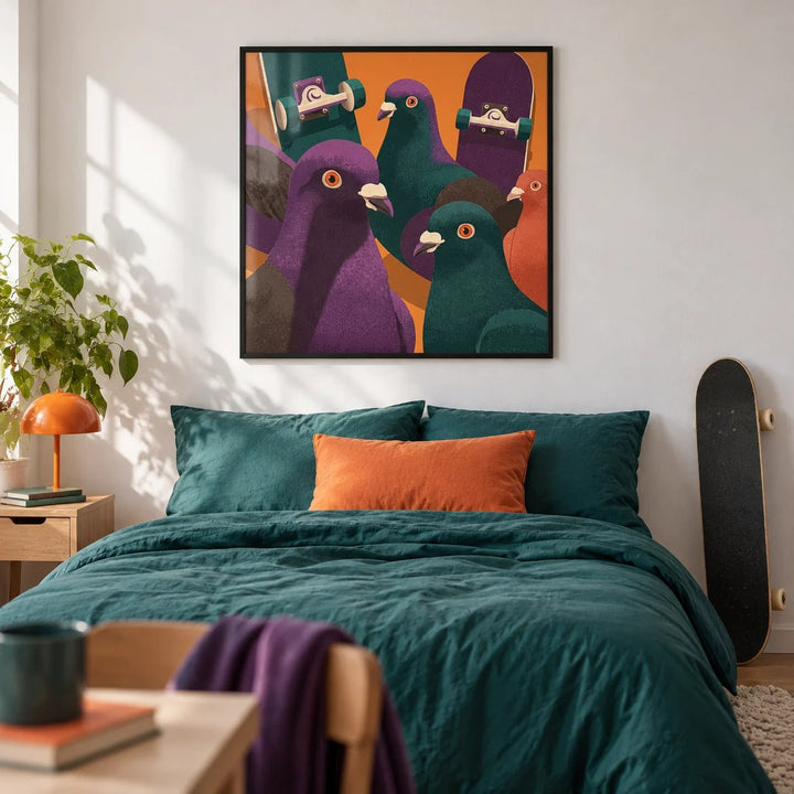 Pigeon Skateboard Art, framed on the wall of a teenager's bedroom (14-17) with a plain white wall