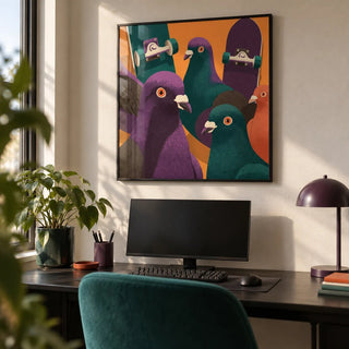 Pigeon Skateboard Art, framed on the wall of a young adult's desk setup