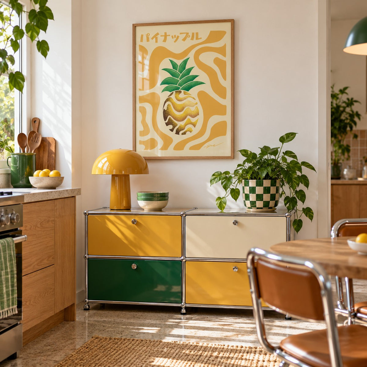 Pineapple Print hung above a retro modular console in a playful kitchen (frame not included)