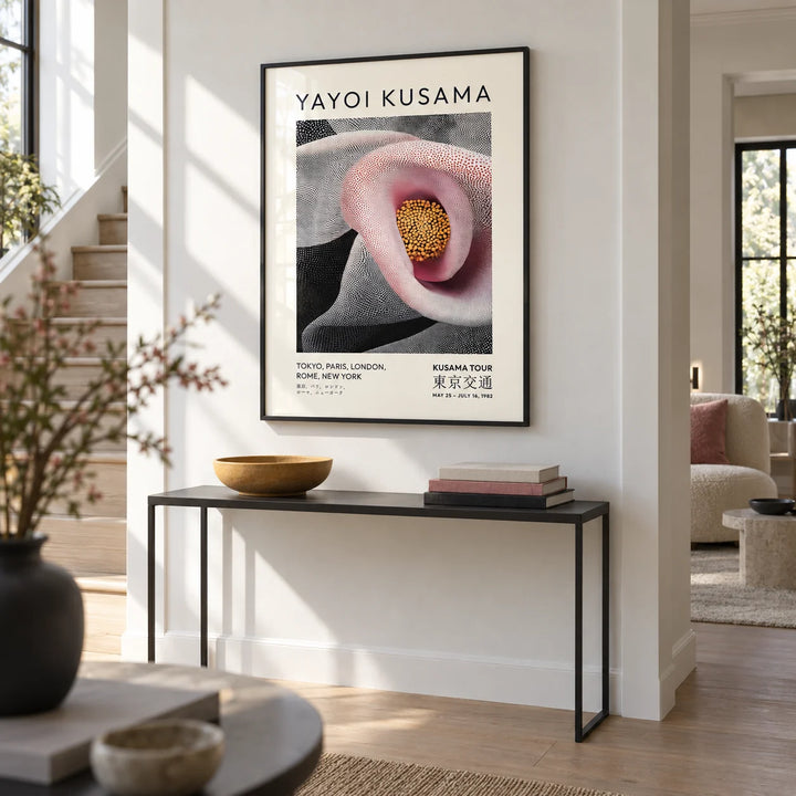Pink Abstract Artwork, framed on the wall of a crisp gallery-white entrance hall with a pale oak floor