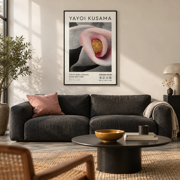 Pink Abstract Artwork, framed on the wall of a design-led city flat living room with a warm white wall and a polished concrete floor