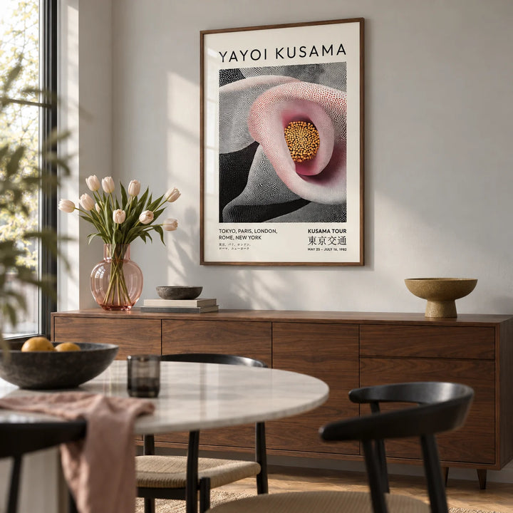Pink Abstract Artwork, framed on the wall of a modern dining room with a pale grey wall