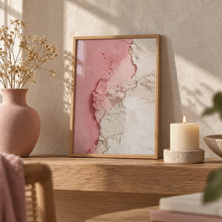 Pink Abstract Print, a small A4 framed print leaning on an oak shelf in a living room