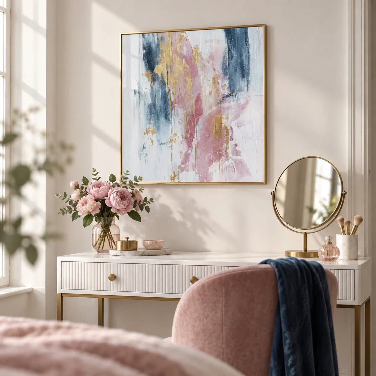 Pink Abstract Square Art, framed on the wall of a dressing area with a soft white wall