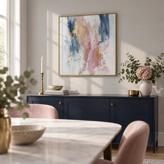 Pink Abstract Square Art, framed on the wall of a light dining room with a pale grey wall