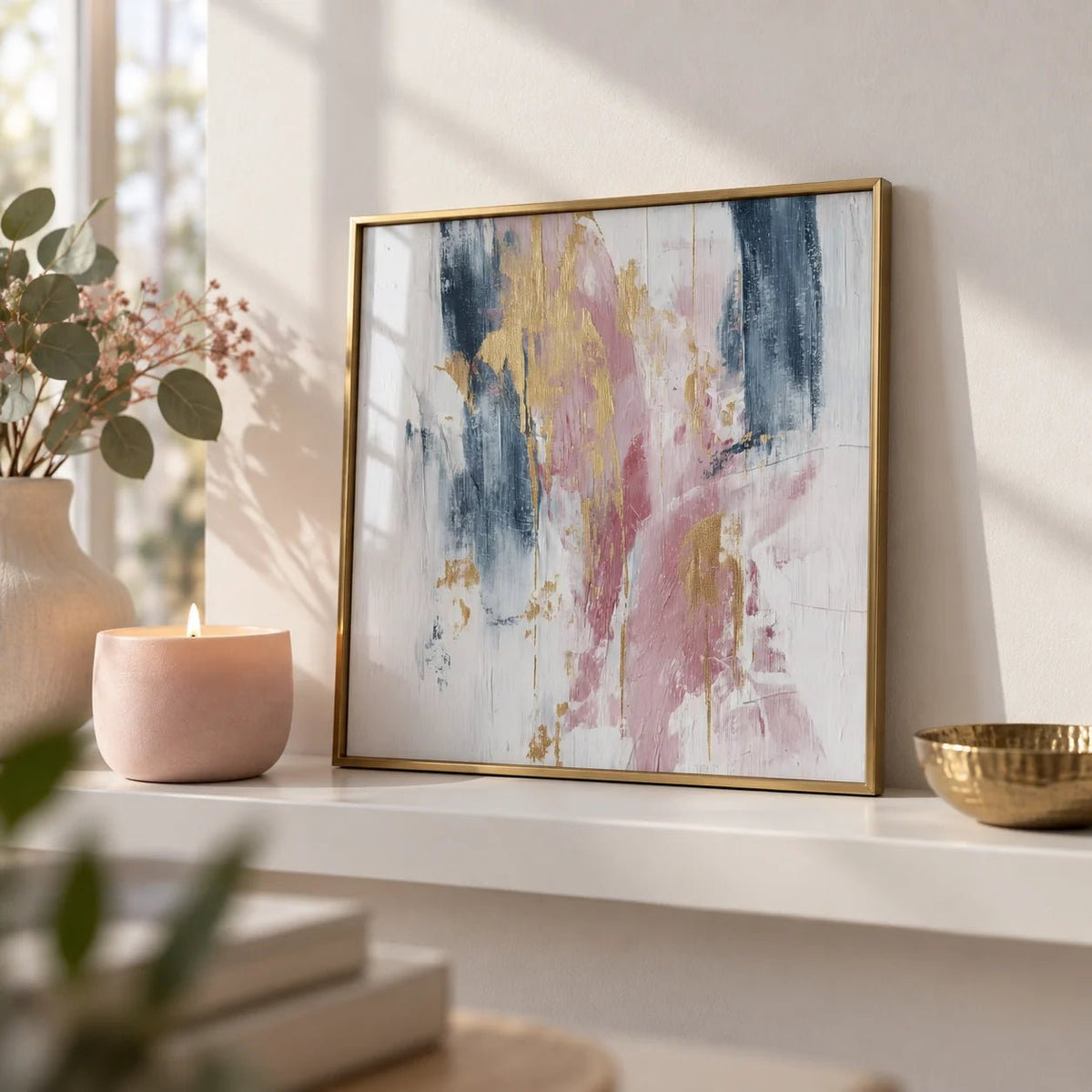 Pink Abstract Square Art, a small A4 framed print leaning on a white shelf in a living room