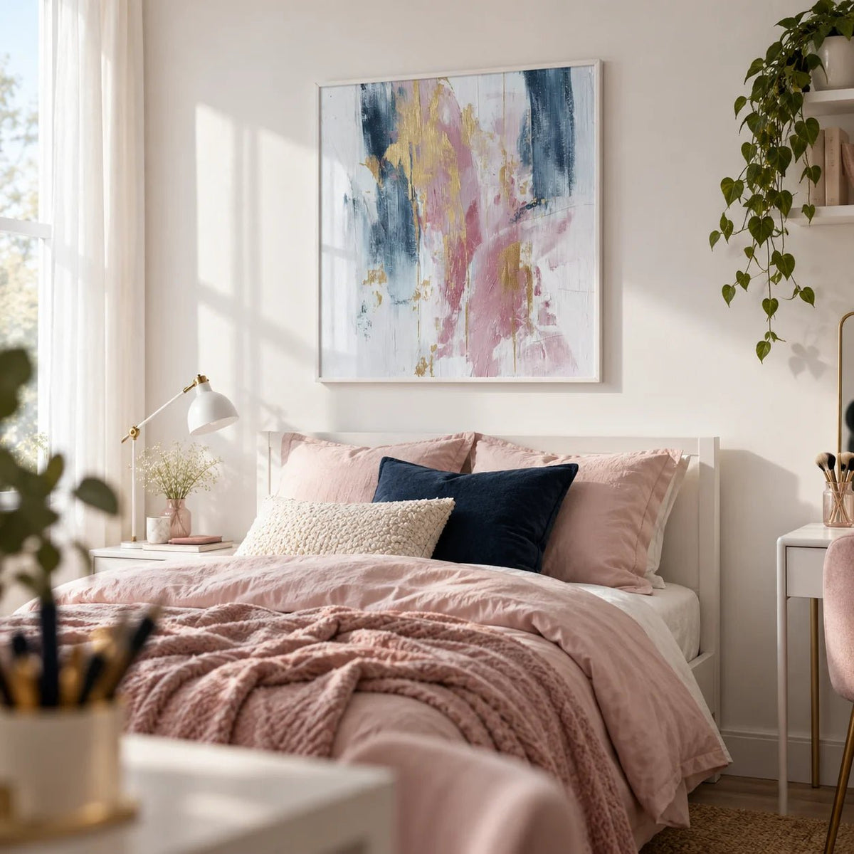 Pink Abstract Square Art, framed on the wall of a stylish older teenage girl's bedroom (15-17) with a white wall