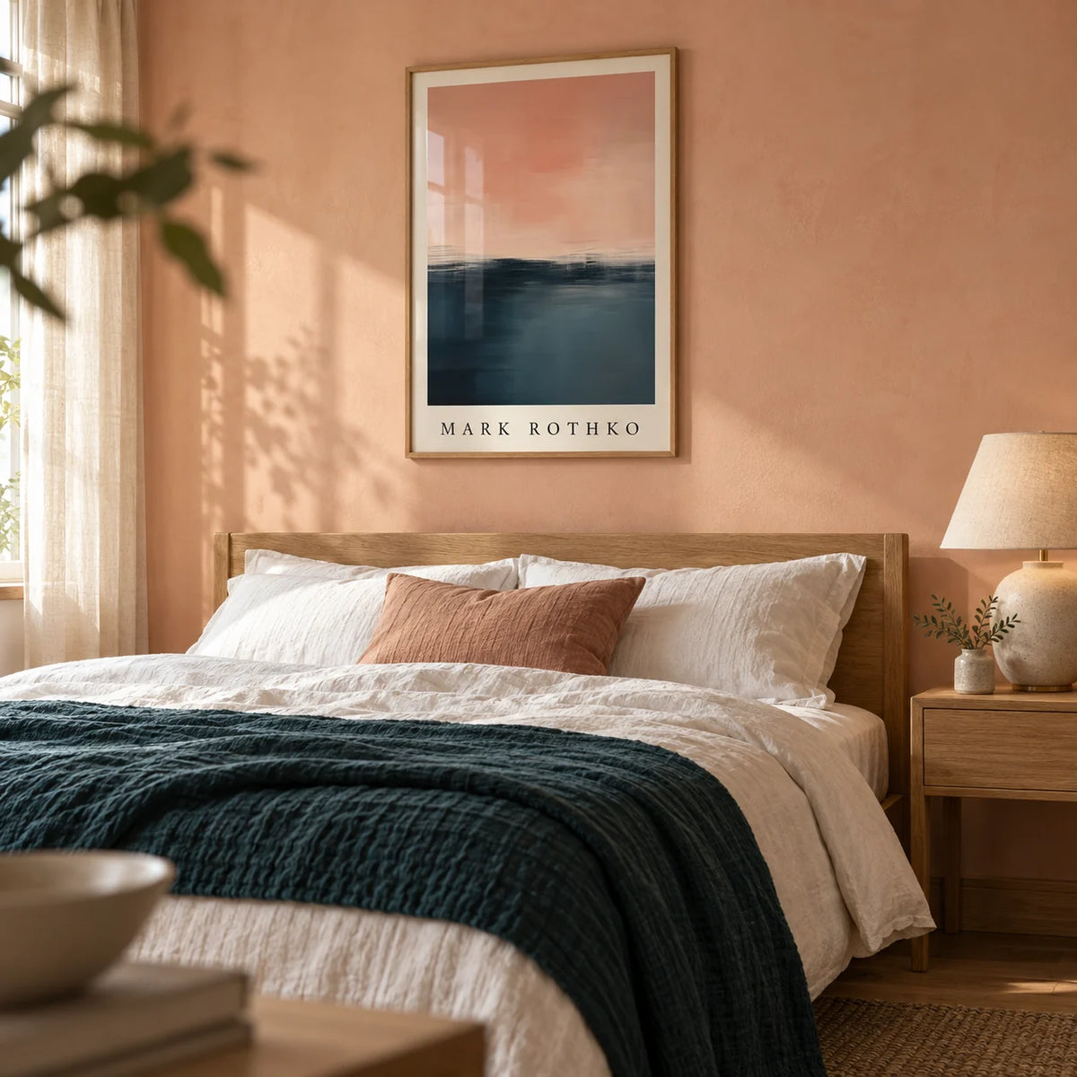 Pink and Blue Painting, framed on the wall of a calm bedroom with a soft peach limewashed wall