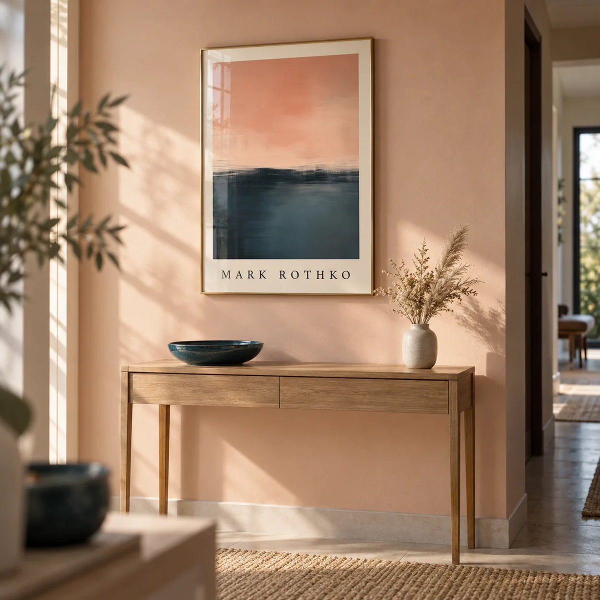 Pink and Blue Painting, framed on the wall of a calm hallway with a pale peach wall