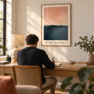 Pink and Blue Painting, framed on the wall of a calm home office with a warm white wall