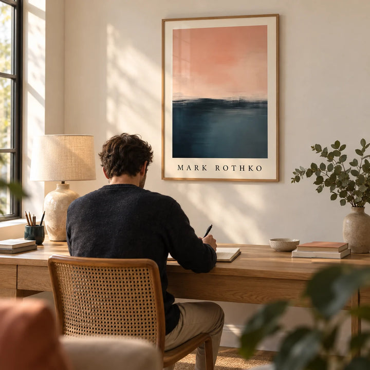 Pink and Blue Painting, framed on the wall of a calm home office with a warm white wall