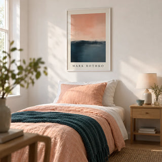 Pink and Blue Painting, framed on the wall of a calm single guest bedroom with a white wall