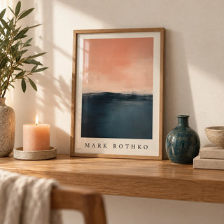 Pink and Blue Painting, a small A4 framed print leaning on an oak shelf in a living room