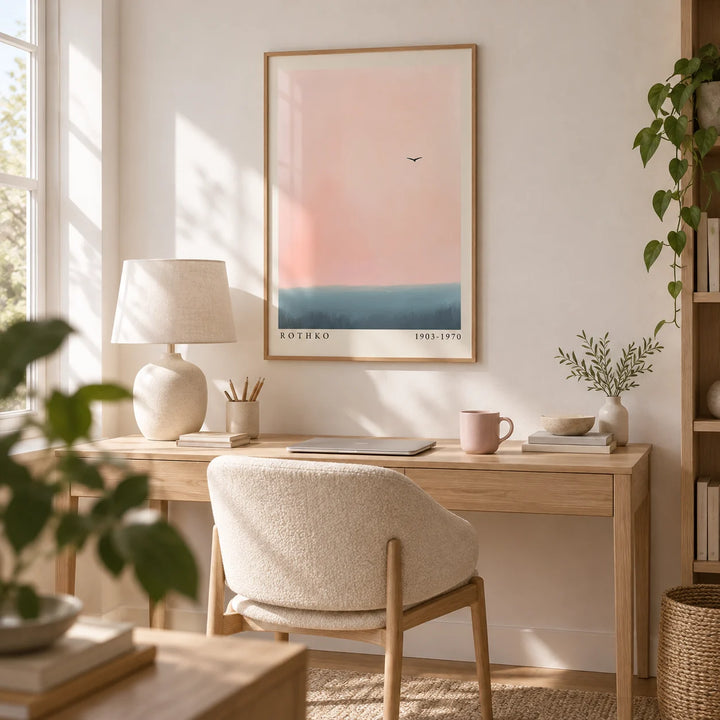 Pink and Blue Wall Art, framed on the wall of a calm home office with a soft white wall