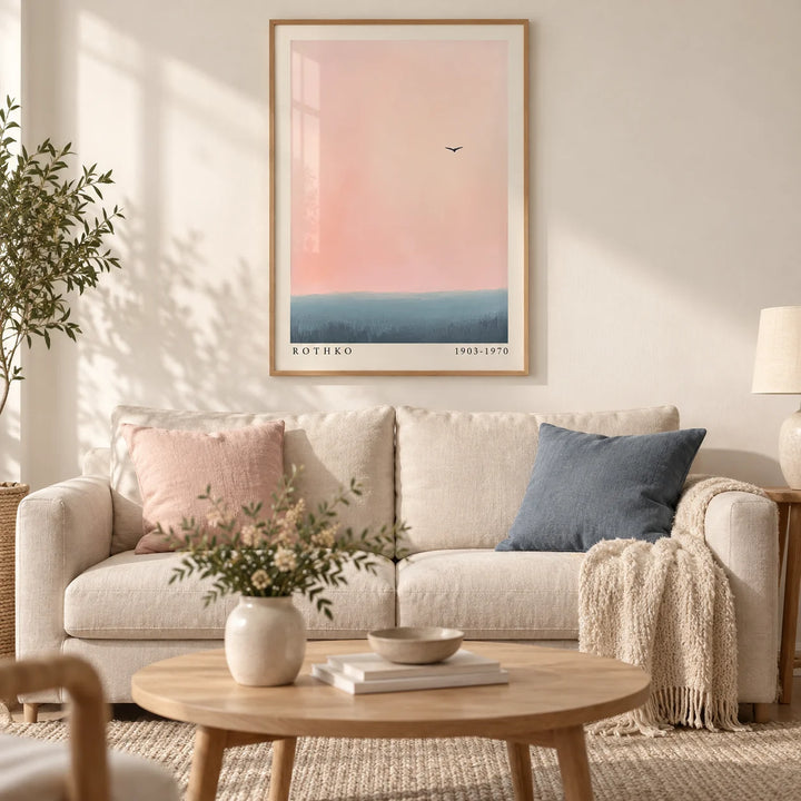 Pink and Blue Wall Art, framed on the wall of a calm Scandi living room with a warm white wall and a light oak floor