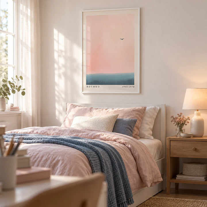 Pink and Blue Wall Art, framed on the wall of a calm single bedroom for a teen girl (13-17) with a soft white wall