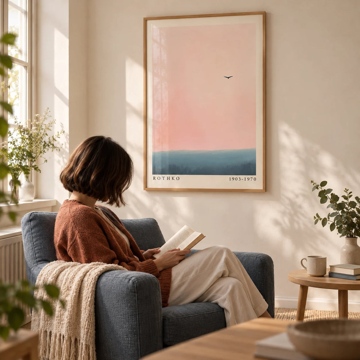 Pink and Blue Wall Art, framed on the wall of a quiet reading corner by a window with a warm white wall in a living room
